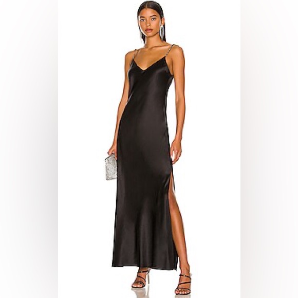 Dannijo Free People Noir Crystal Strap Long Silk Black Slip Dress Sz.S